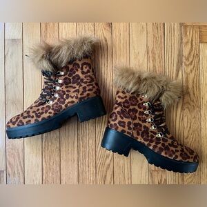 JOLIMALL Suede Effect Leopard Print Faux Fur-Trimmed Lace-Up Ankle Boots